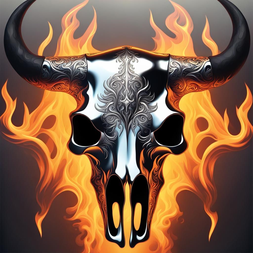 Chrome Bull Skull with Flames in 3D Blacklight