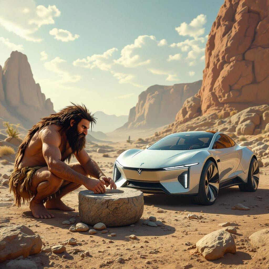 Caveman Invents Wheel Beside Futuristic Car