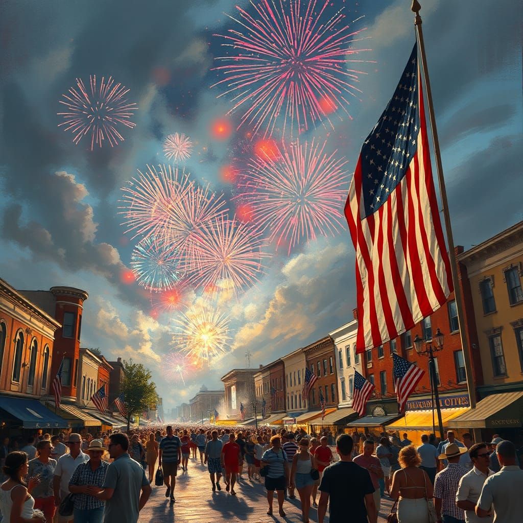 Patriotic Fireworks Display in Abstract Expressionist Style