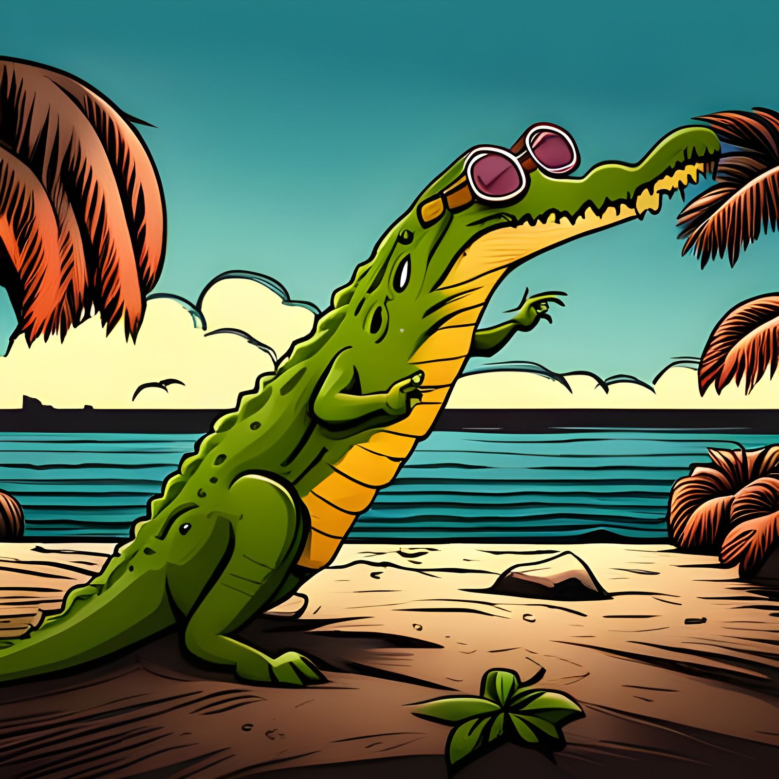 Crocodile on Beach in Comic Book Style