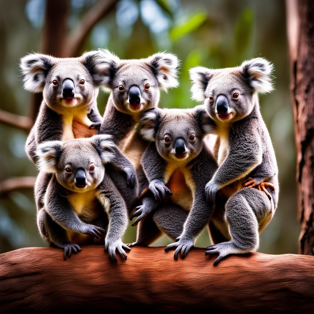 Dancing Baby Koalas in Hyperrealistic Forest