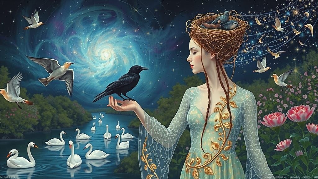 Ethereal Woman Transforms into Birds Amidst Cosmic Energy