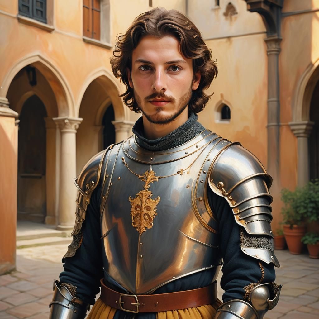 Medieval Knight in Renaissance Courtyard Oil Painting