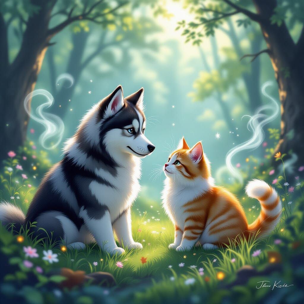 Husky and Cat in Mystical Forest Clearing