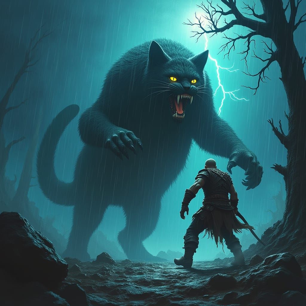 Warrior Battles Colossal Cat in Tempestuous Storm