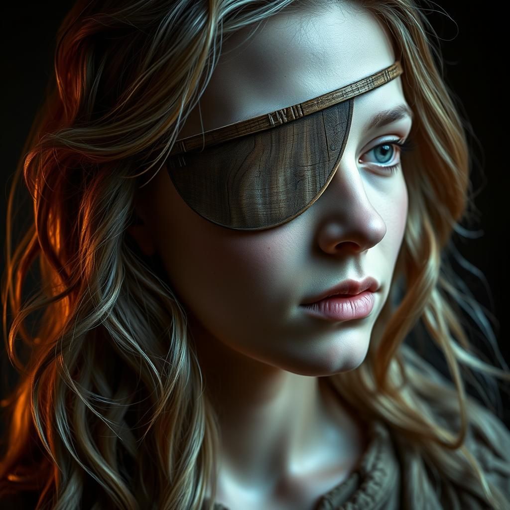 Woman with Wooden Eyepatch as Detailed Wood Carving