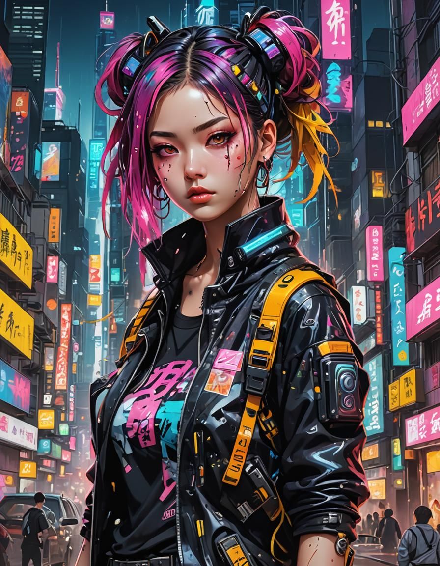 Android Girl in Harajuku Cyberpunk Graffiti Style