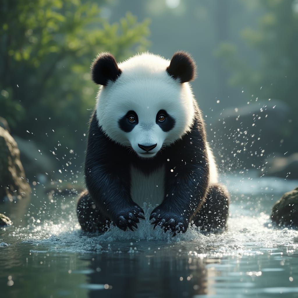Serene Panda in a Sparkling Stream, Ultra-Realistic CGI, 9:1...