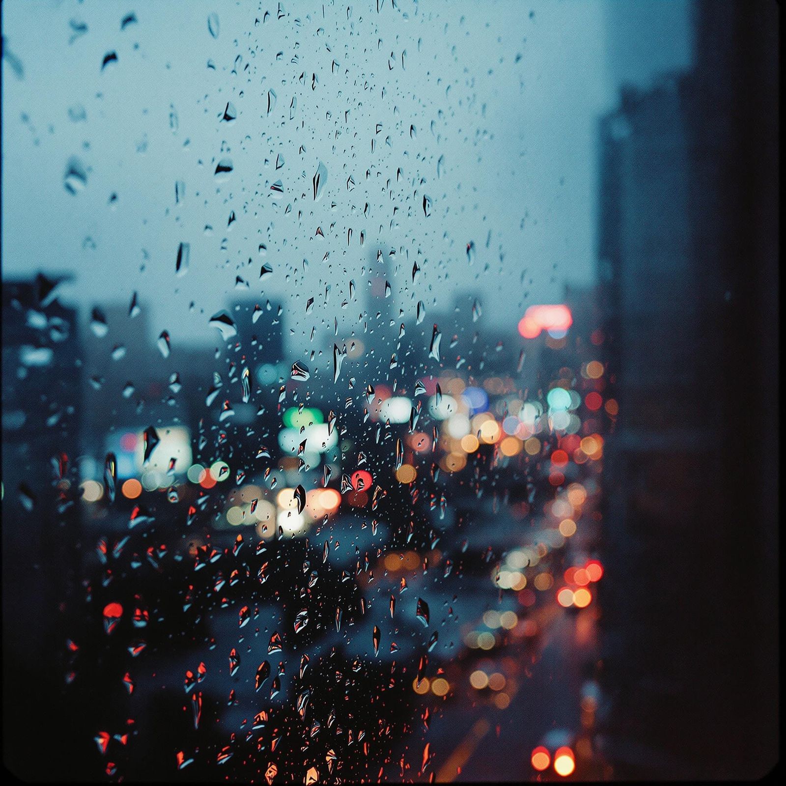 Rainy Cityscape Through Window with Cinematic Lighting