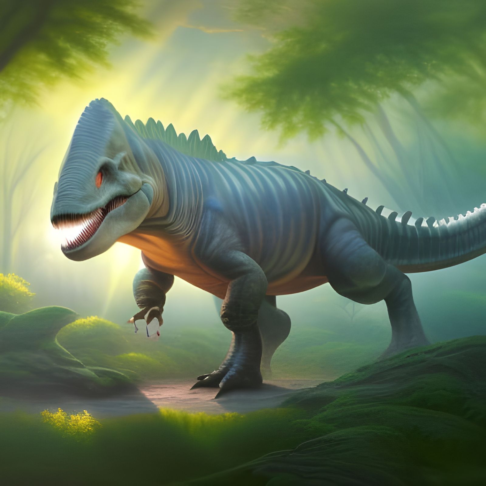 Dinosaur in Spring Forest Oil Painting