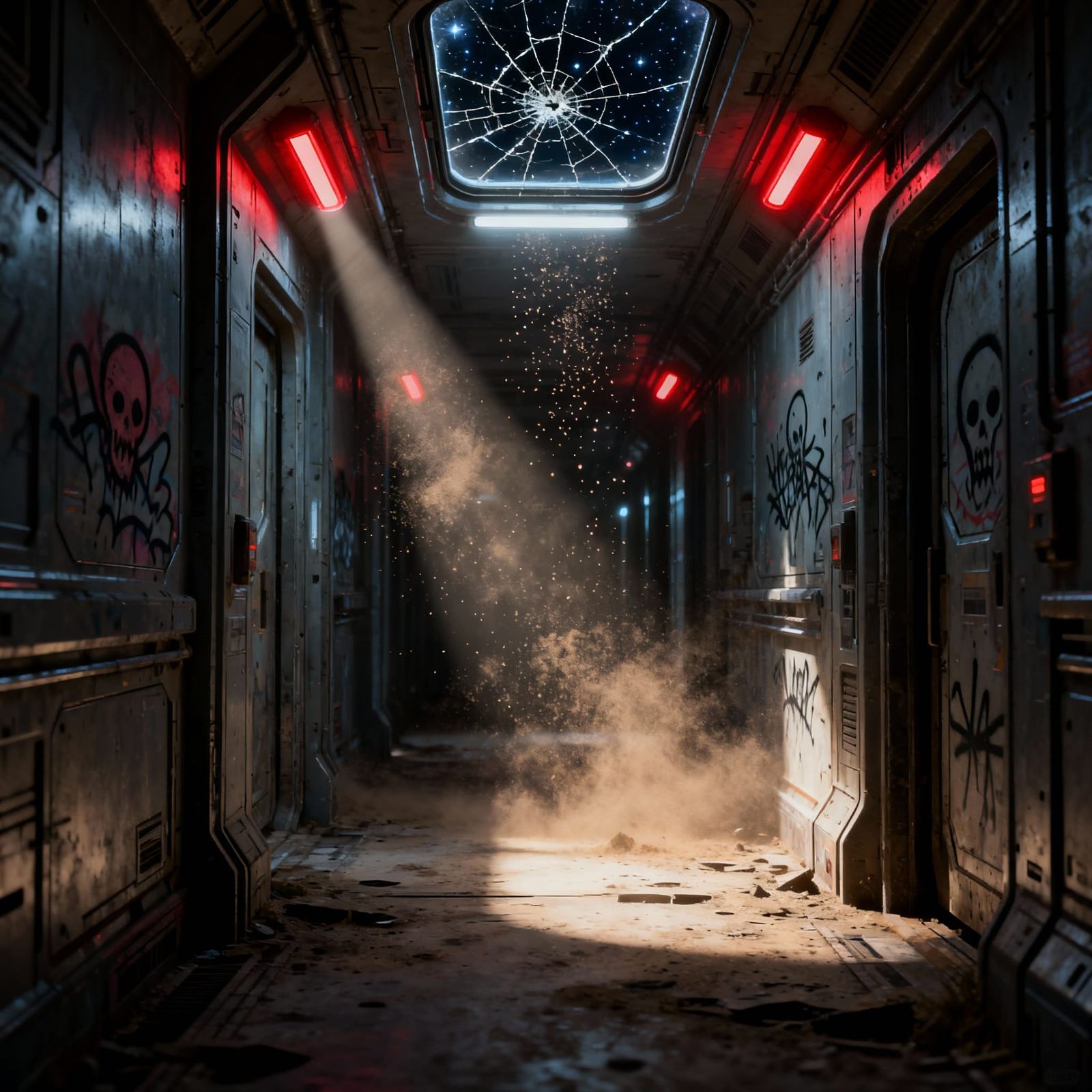 Abandoned Space Station Corridor With Emergency Lights