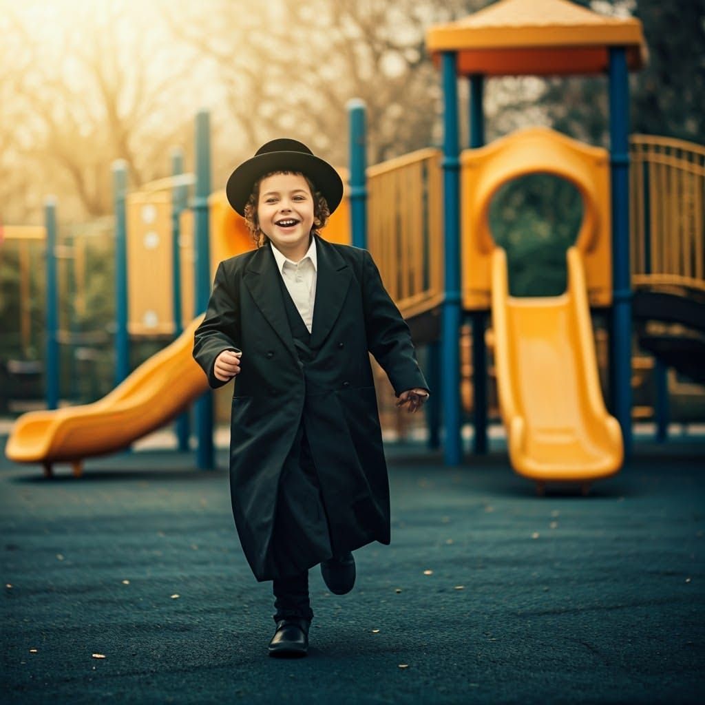 Joyful Hasidic Boy Runs in Sunlit Playground Cinematic Film....
