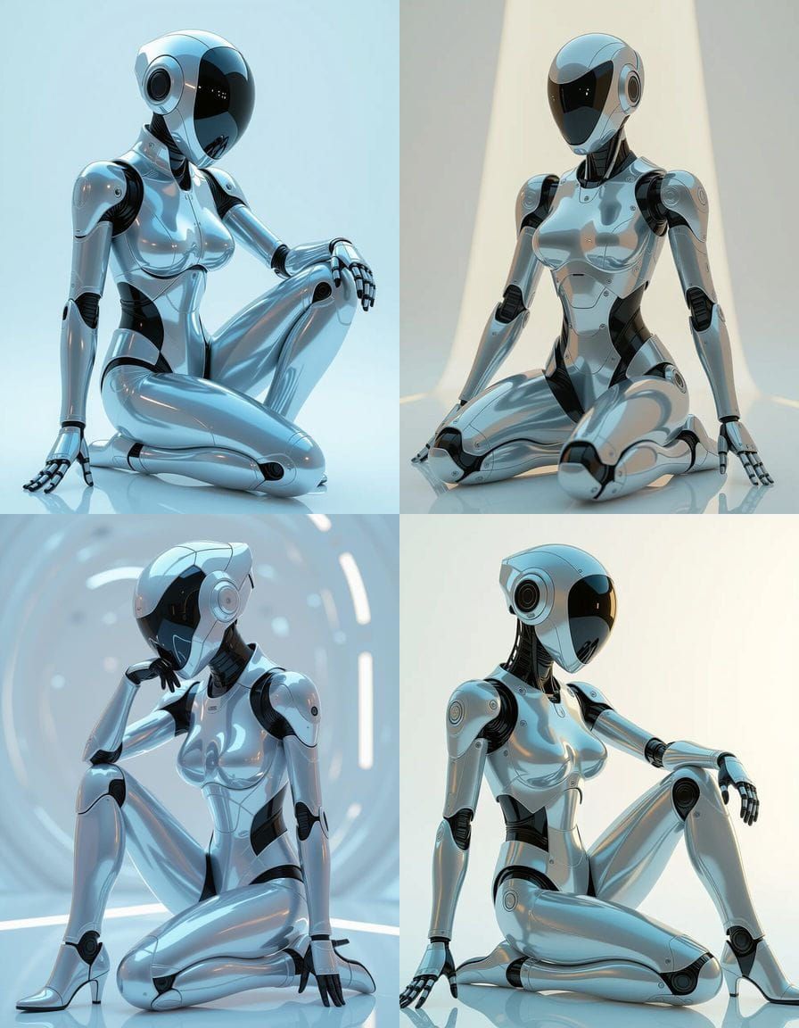 Futuristic Silver Robot Kneeling in Sorayama Style