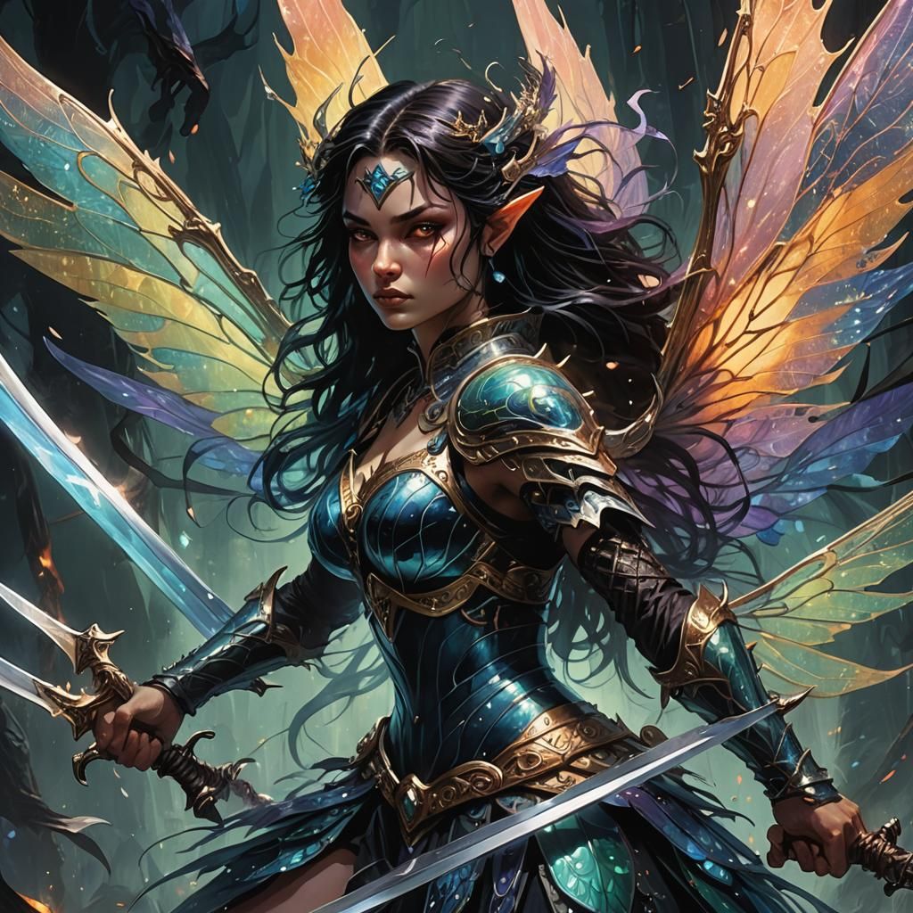 Fantasy Woman with Swords Fighting a Monster