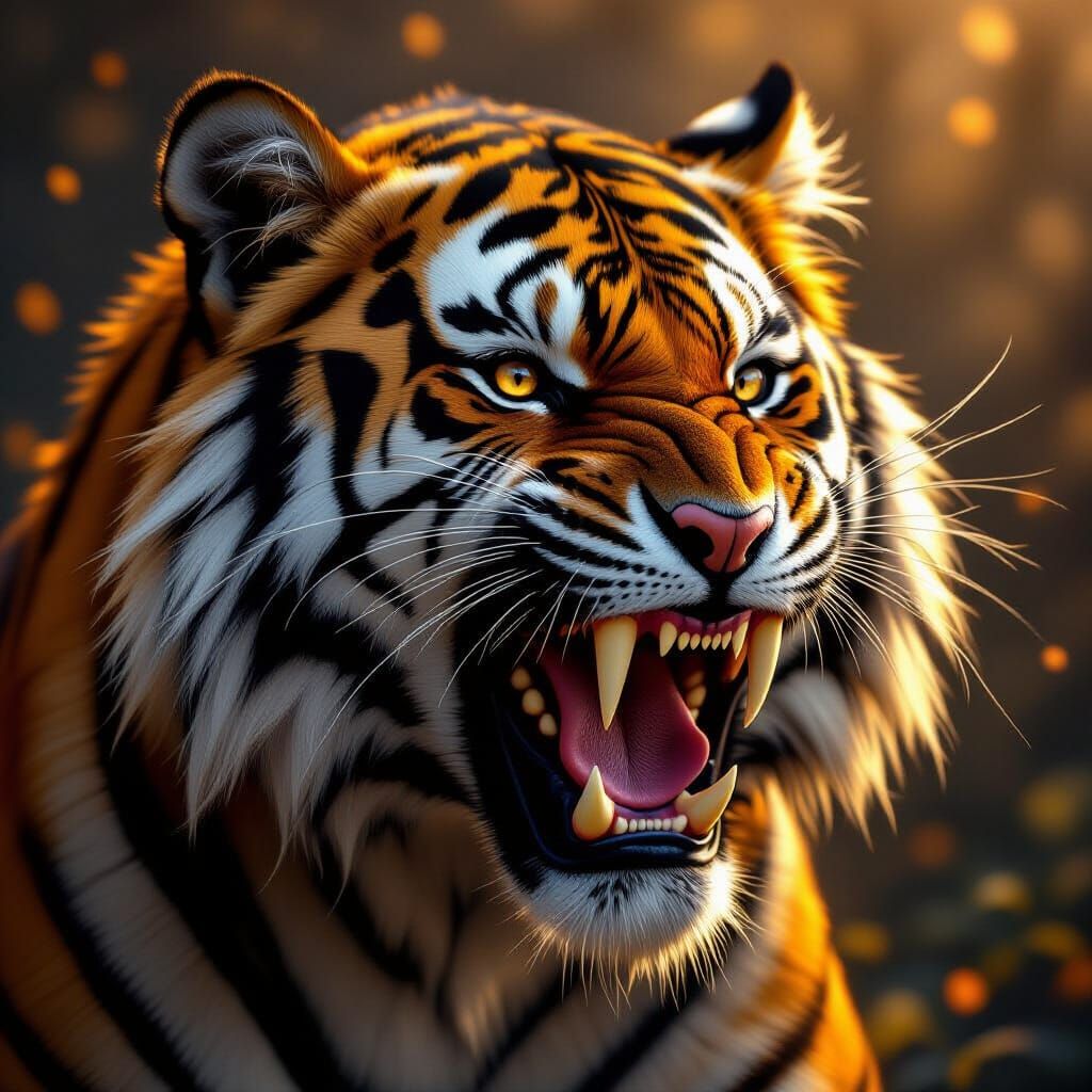 Tiger with Fangs in Dramatic Digital Art Style