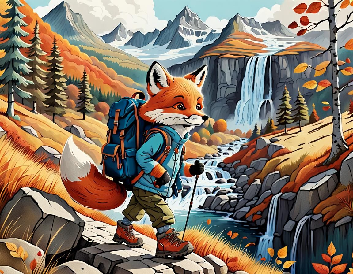 Fox Hiking in Autumn Landscape, Ligne Claire Illustration
