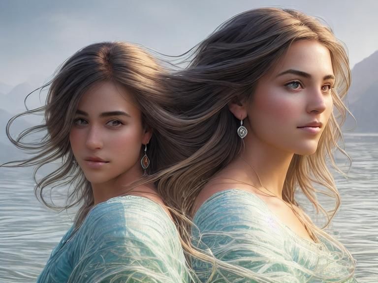 Detailed Portrait at Water's Edge in Art Nouveau Style