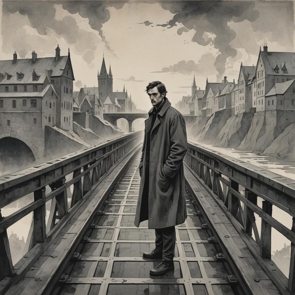 Monochrome Man on Bridge in Subtle Surrealism Style