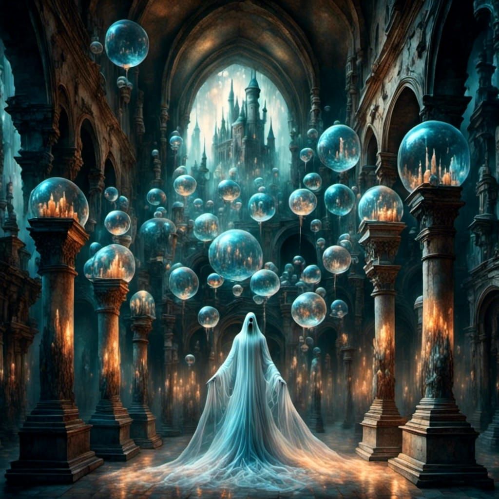 Ghostly Flight Through Castle Hall with Gleaming Spheres