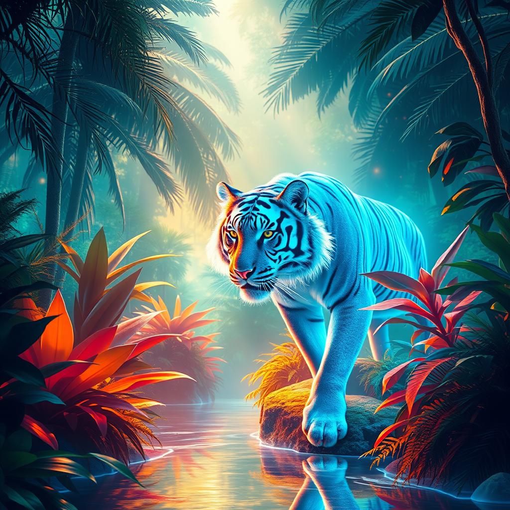 Holographic Tiger in Ethereal Jungle, Neon Art