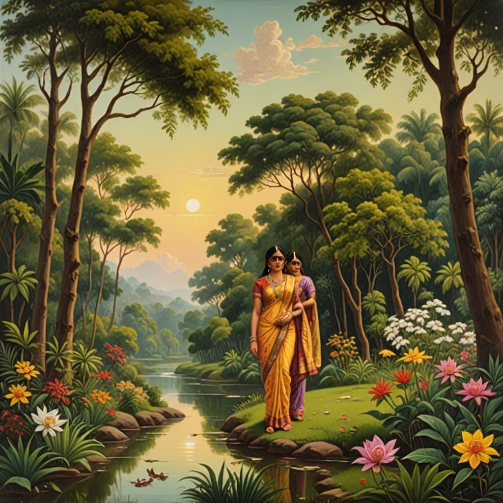 Lush Indian Forest Landscape in Whimsical Gouache Style