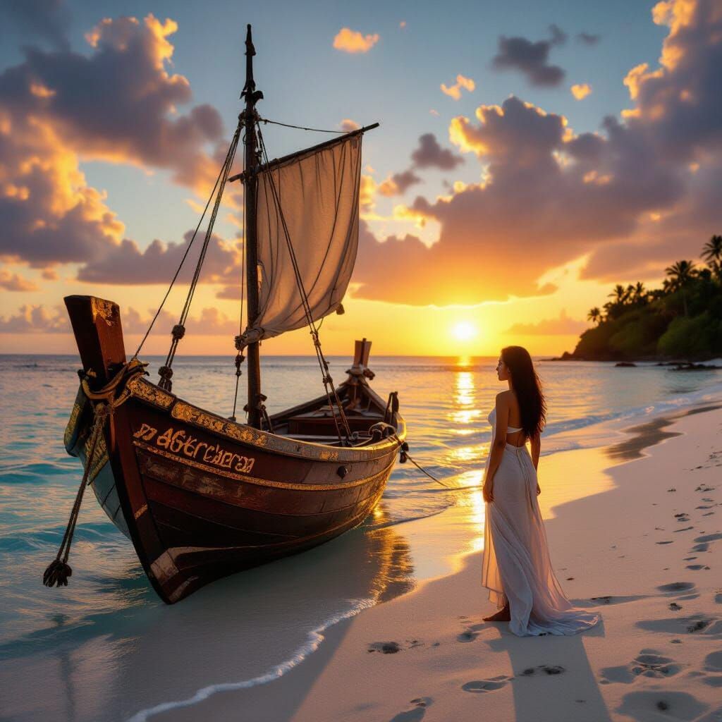 Asian Woman Watches Sunset on Tropical Island