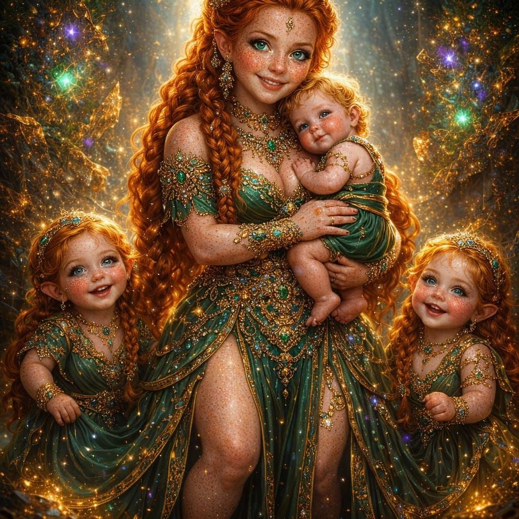 Whimsical Dwarf Mother with Family in Surreal Painting Style