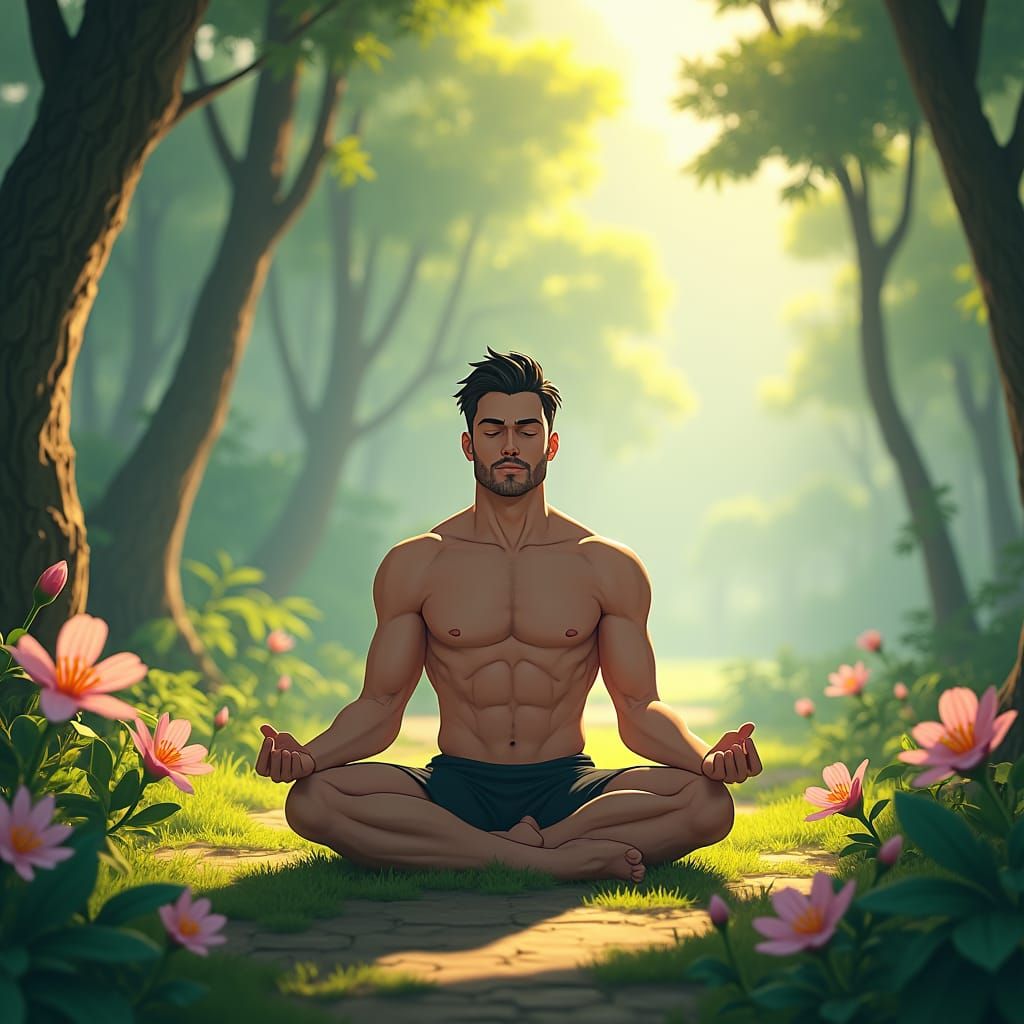 Meditating Man in Forest, Anime-Inspired 3D Art