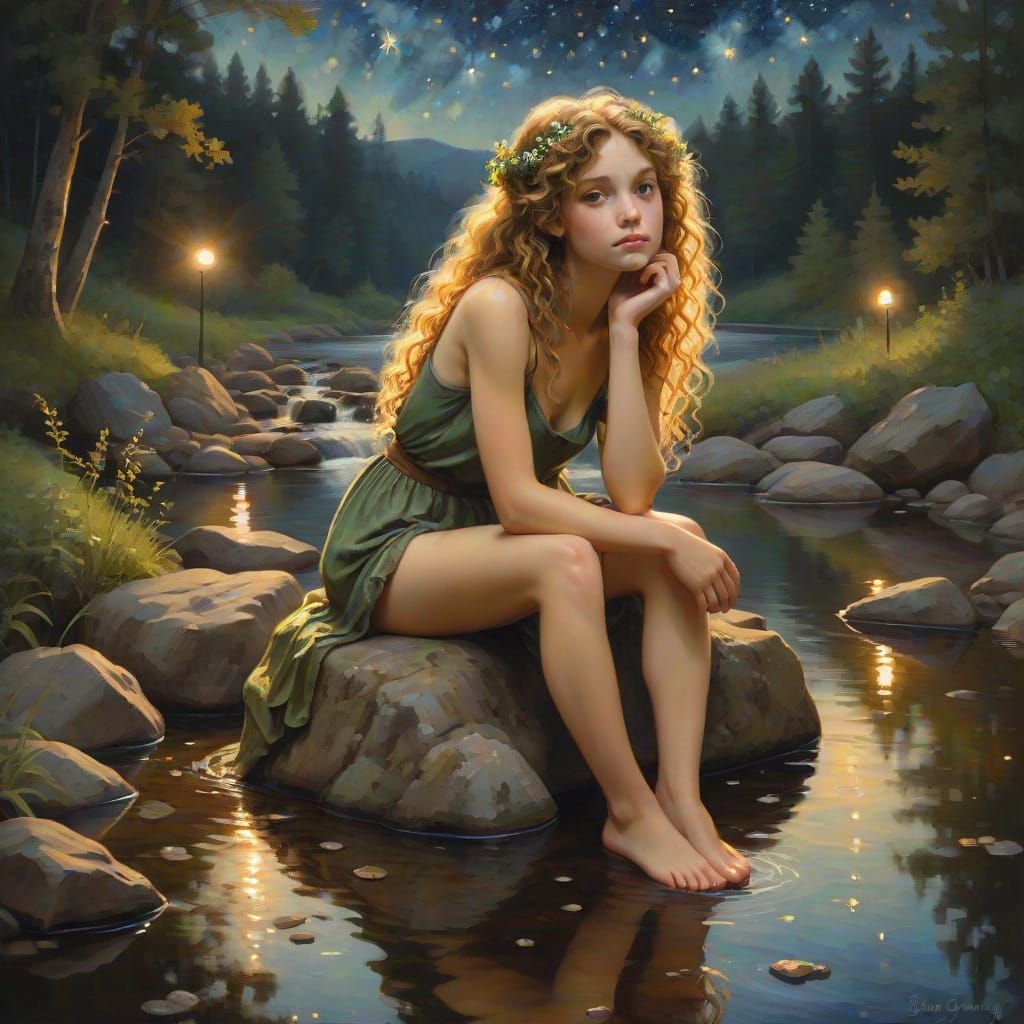 Forest Nymph in Golden Light: Bouguereau-Inspired Oil Painti...