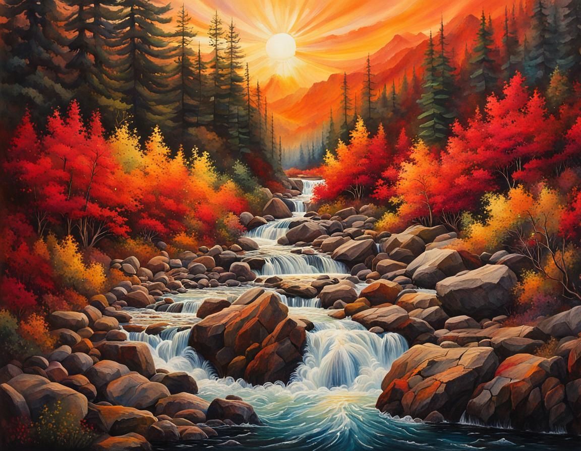 Cascading Creek in Rugged Terrain Illustration