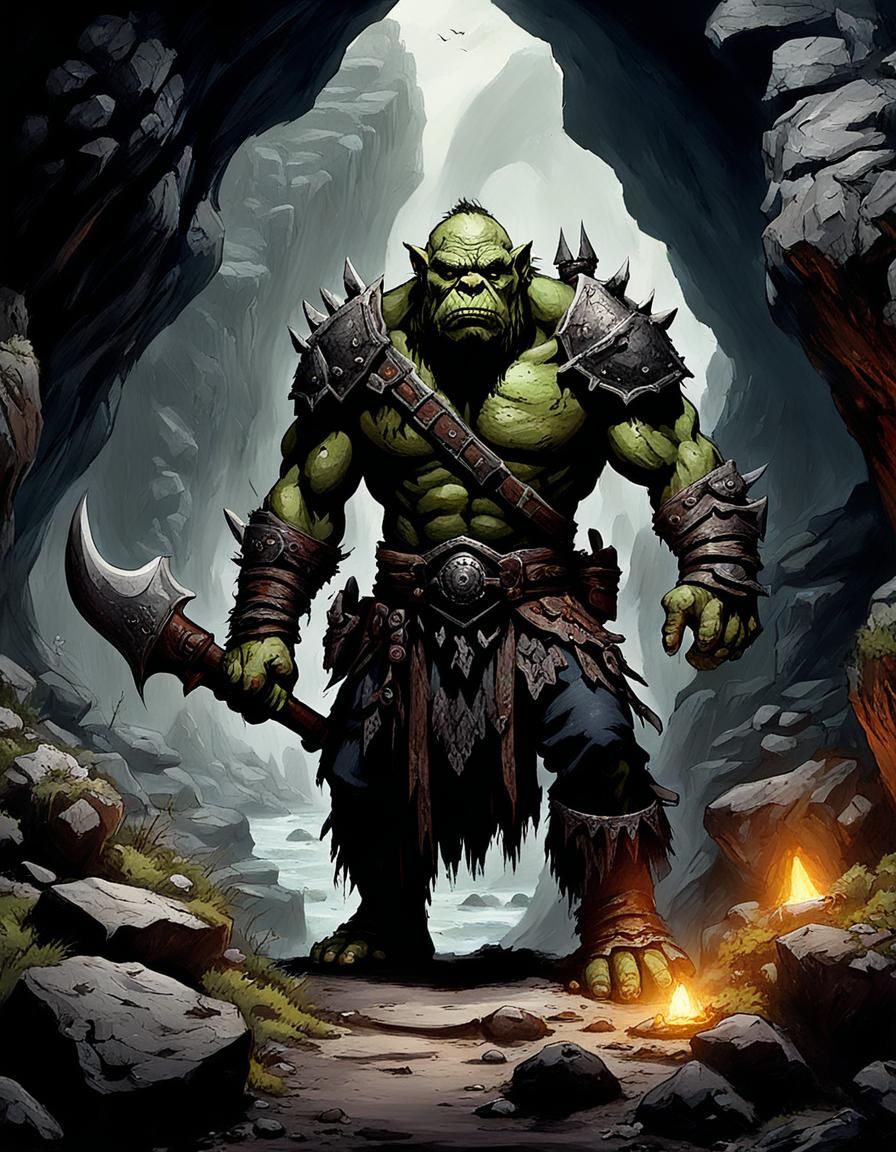 Orc Guarding a Cave in Dark Fantasy Style