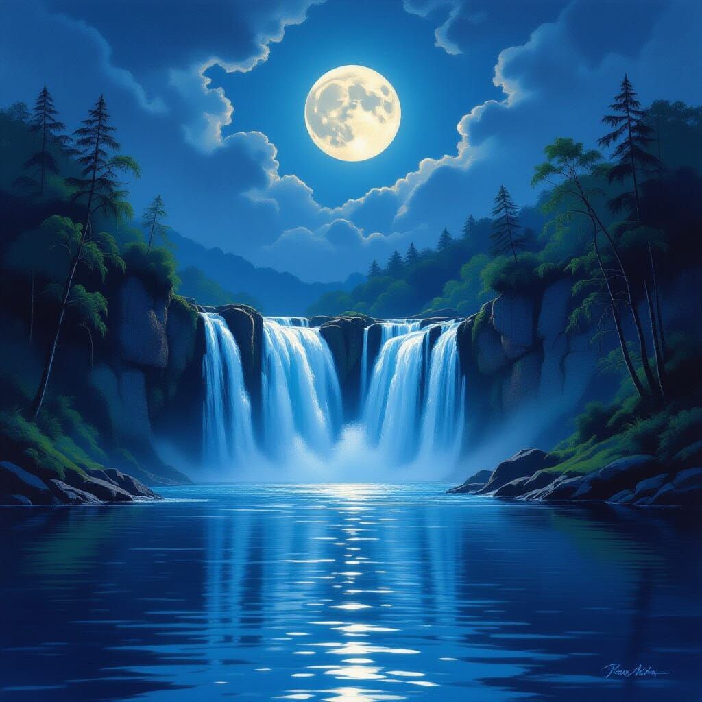 Impressionistic Waterfall Under Moonlight