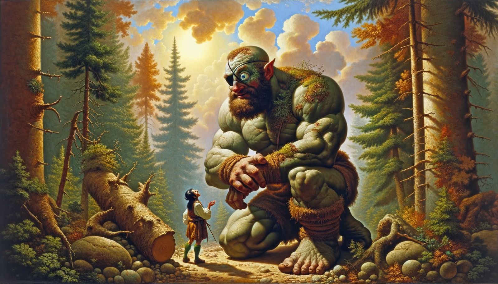 Baroque Cyclops Engages with Elven Forest Dweller