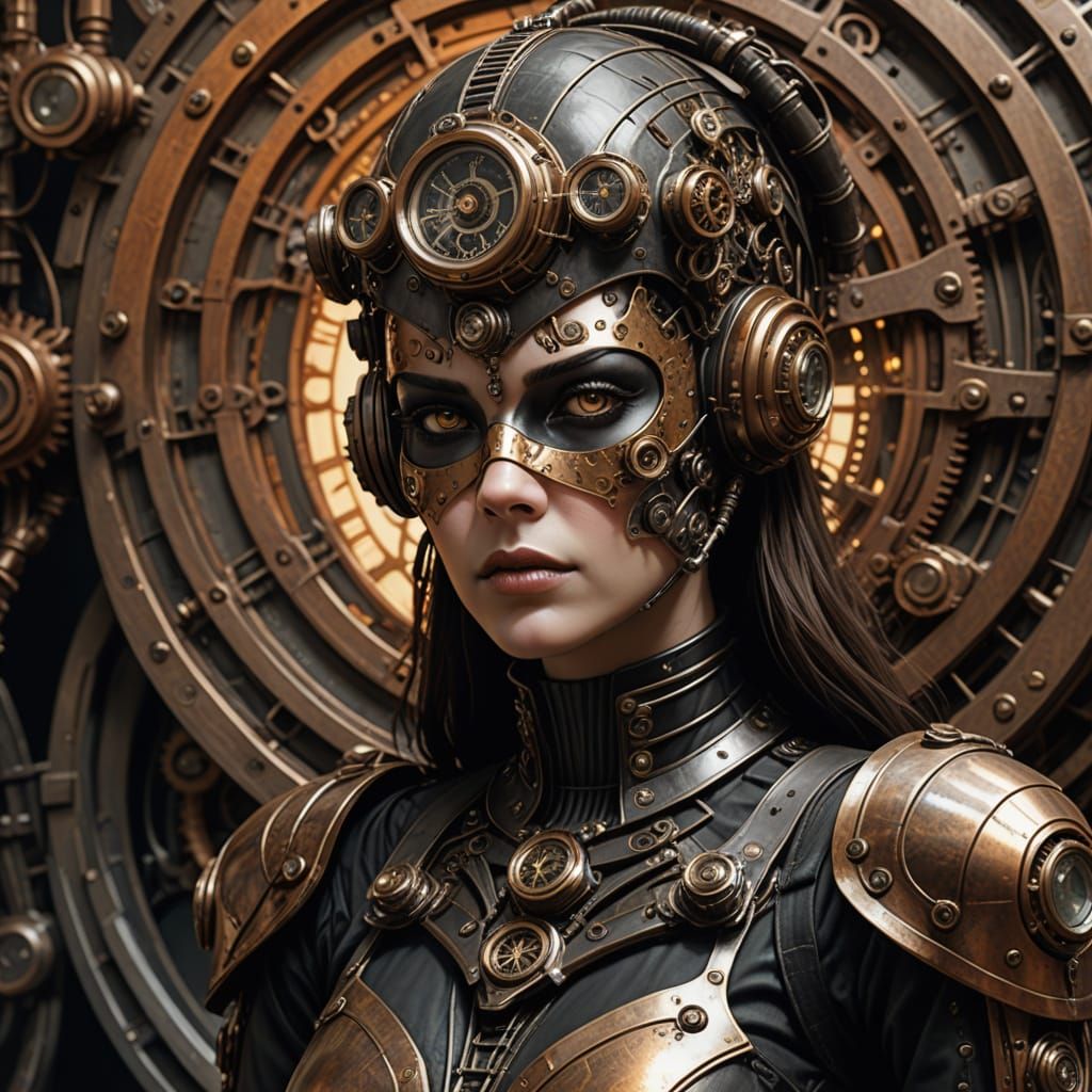 Steampunk Woman, Robot, and Armored Dog in Detailed Illustra...