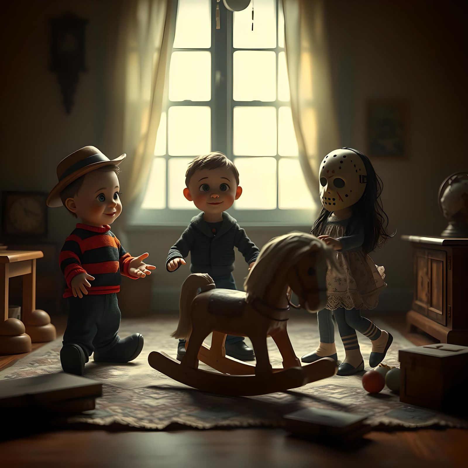 A clay/Pixar style image of: All at age 4yrs old, Feddy krueger,  Michael Meyers, Jason Voorhees and ghost girl from "th...