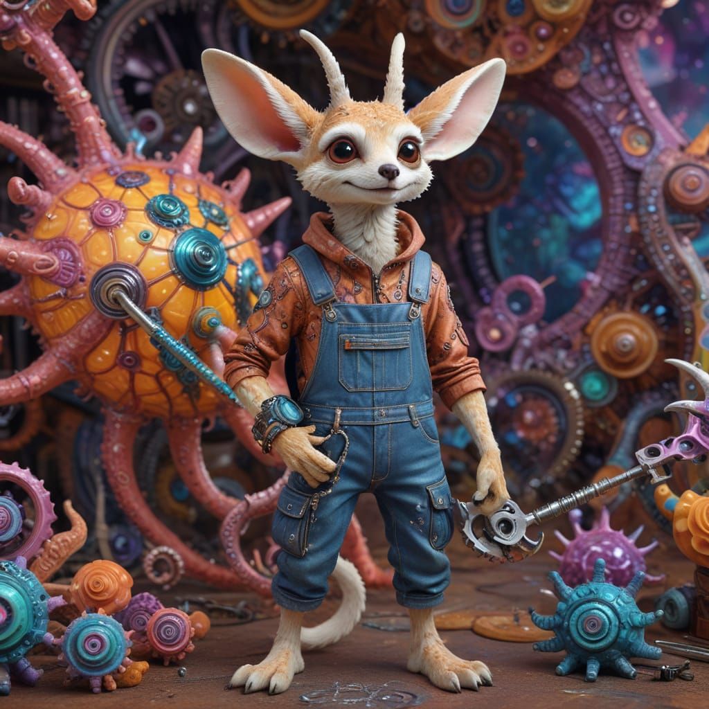 Whimsical Snail Giraffe Hybrid in Dungarees, Wrench in Hand,...