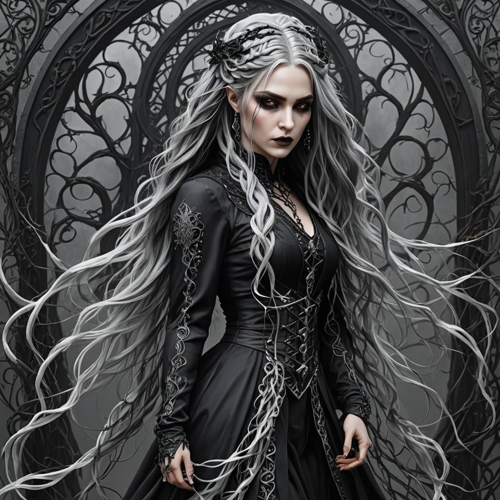 Gothic Sorceress with Amethyst Eyes: Hyperrealistic Fantasy