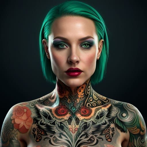Tattooed Woman Portrait in Acid Punk Style