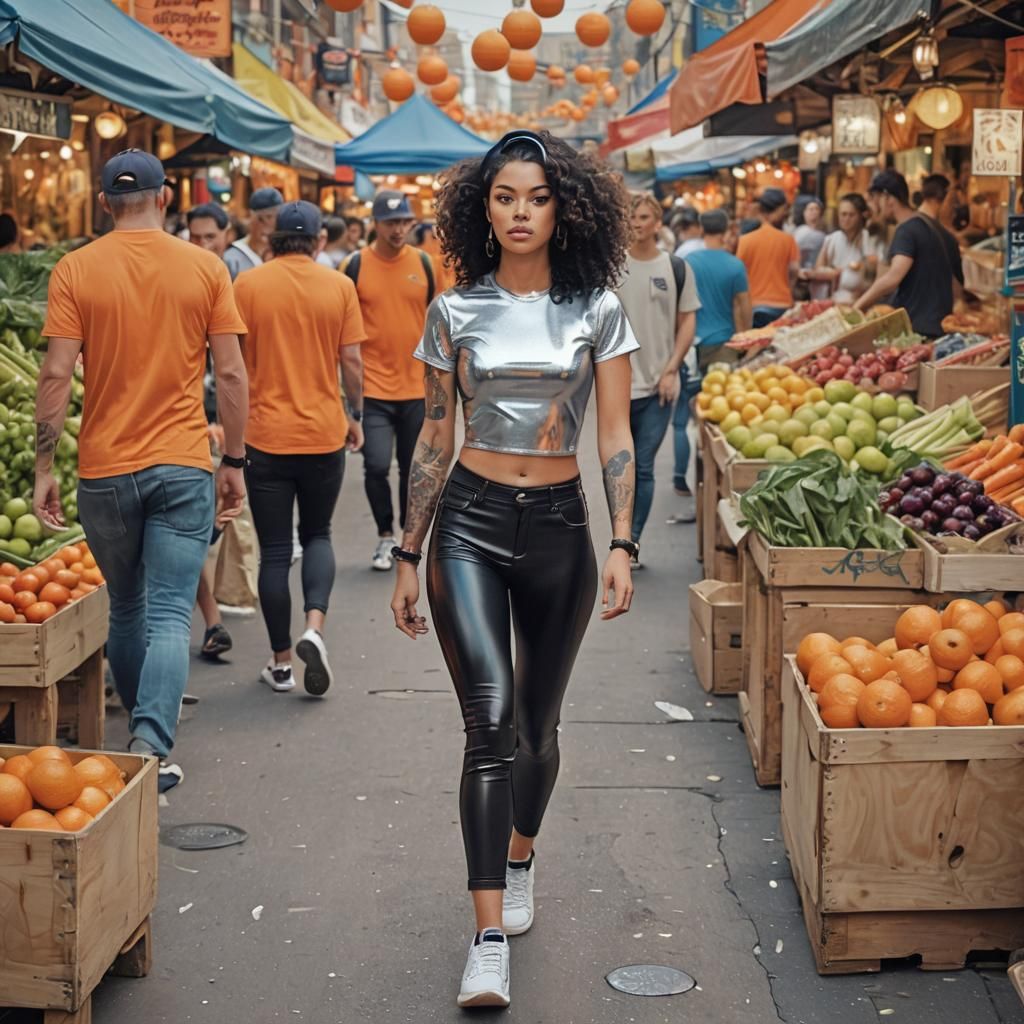 Tattooed Woman in Latex Outfit at Market, Digital Art
