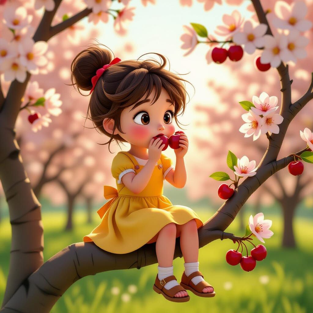 Cartoon Girl in Orchard, Pixar-style 3D Art