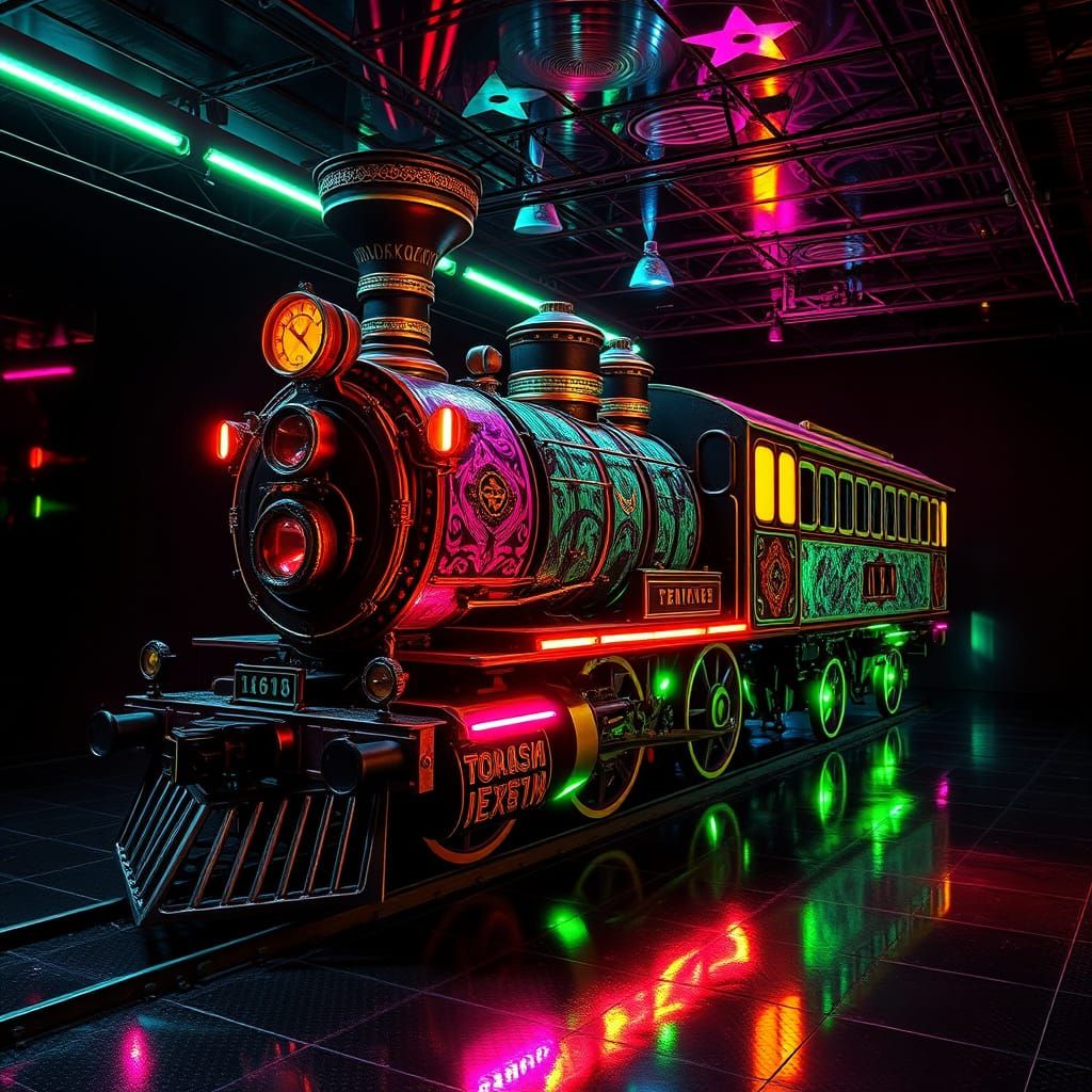 Steampunk Train in Neon Glow, Syd Mead Style