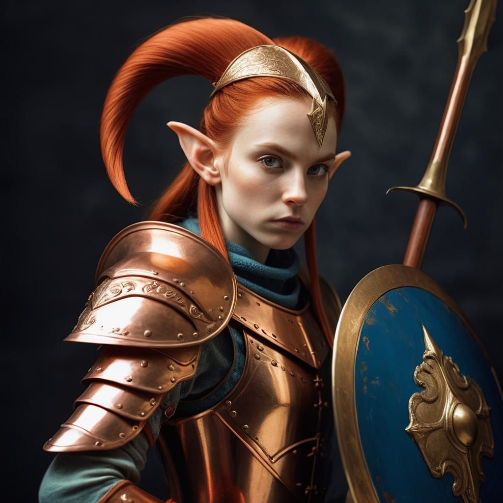 Ethereal Warrior Elf in Copper Armor, a Hyperrealistic Maste...