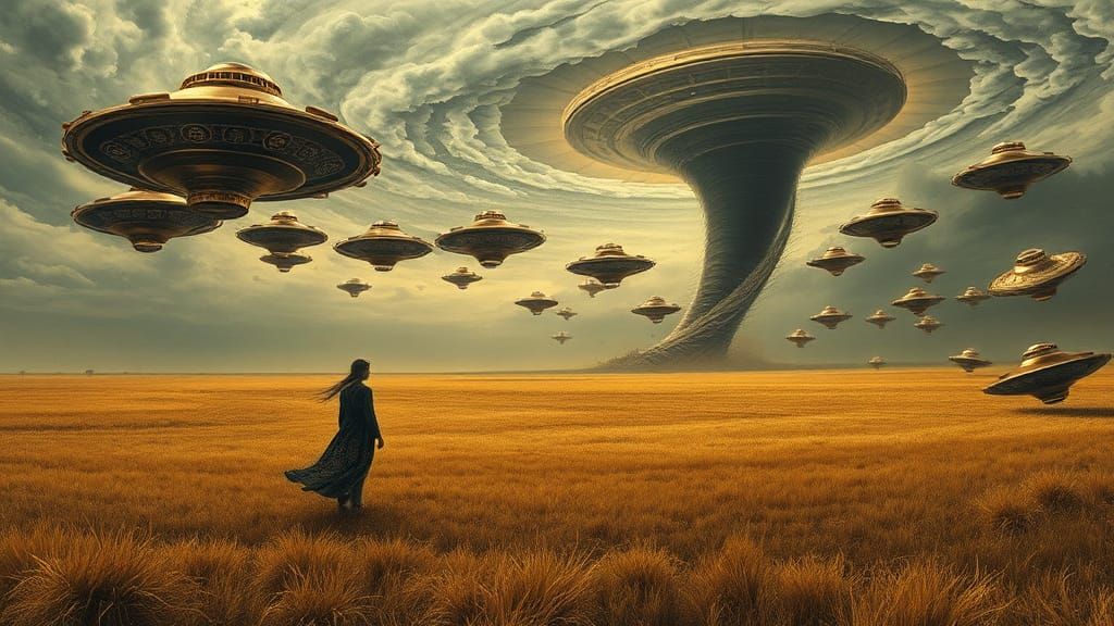 Surreal Prairie Tornado with UFOs in Mystical Style