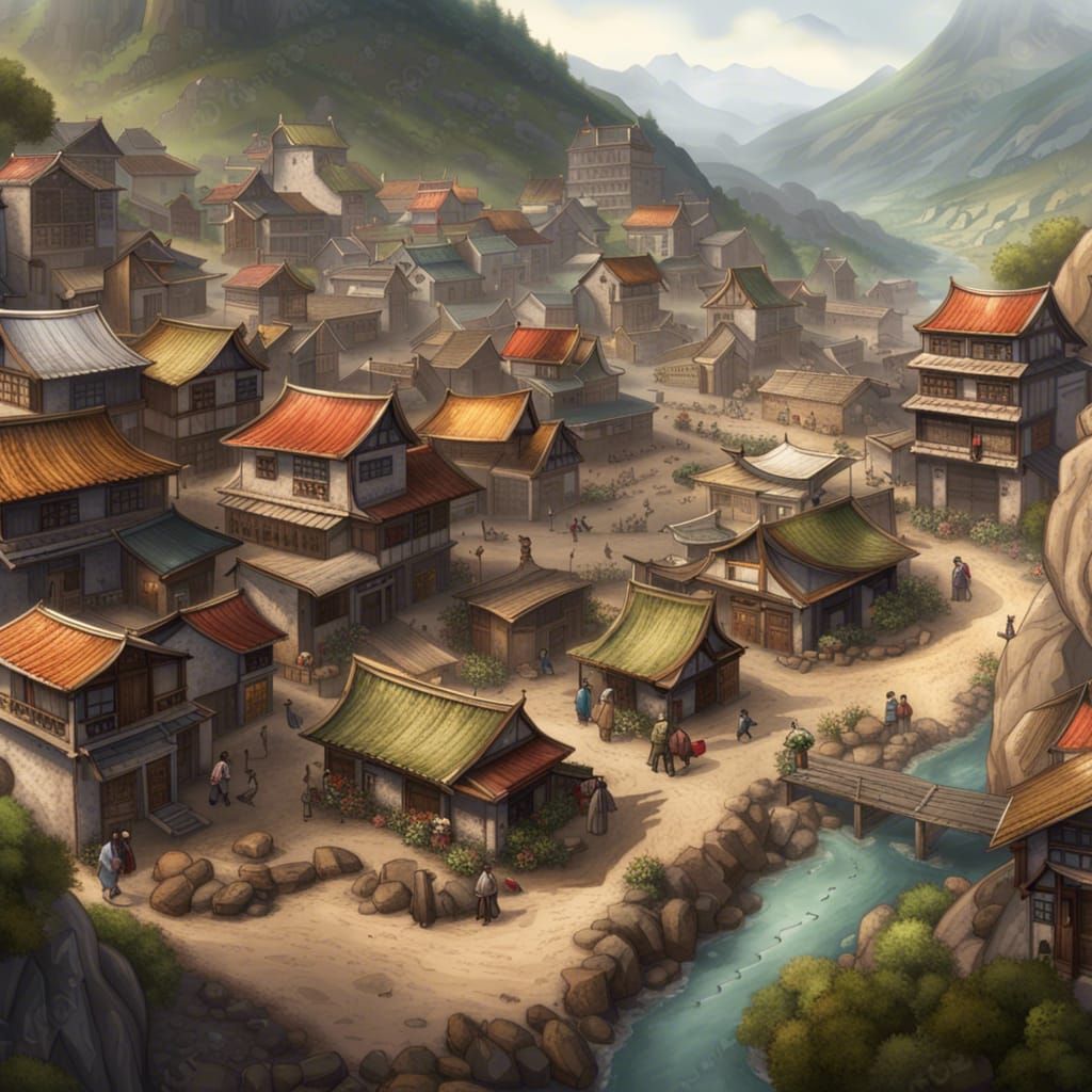 Medieval Asian Mining Town on Mountain Side