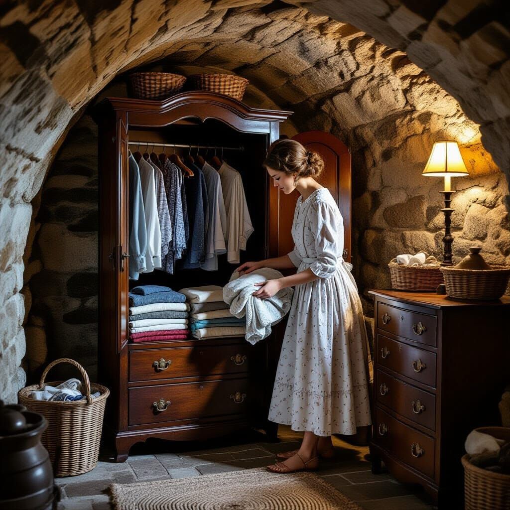 Cellar Scene: Clothes in Wardrobe, Beatrix Potter Style