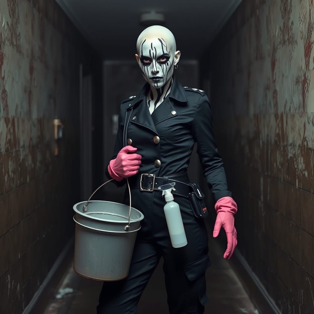 Bald Woman in Combat Outfit with Painted Face