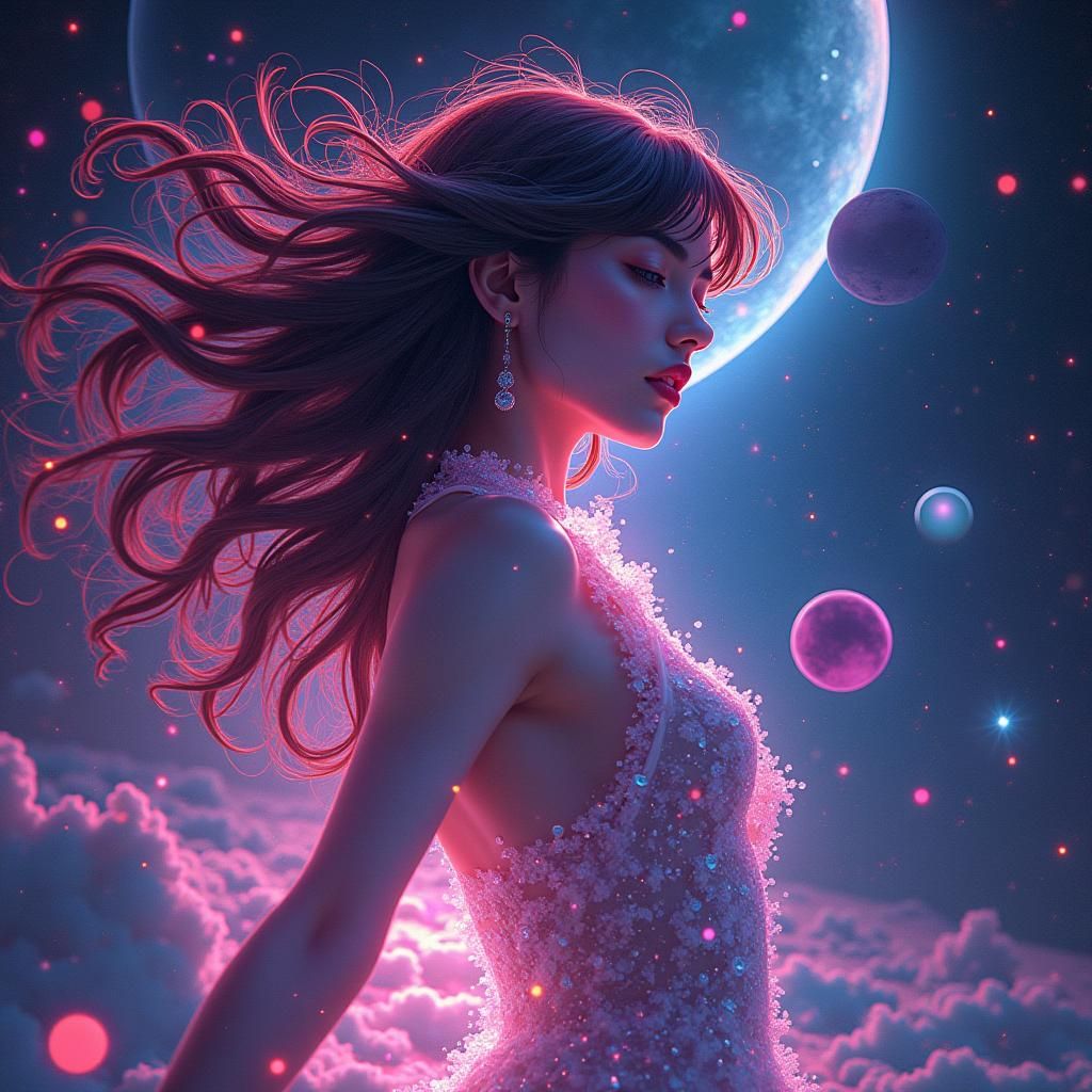 Retro Anime Woman in Cosmic Astral Aura