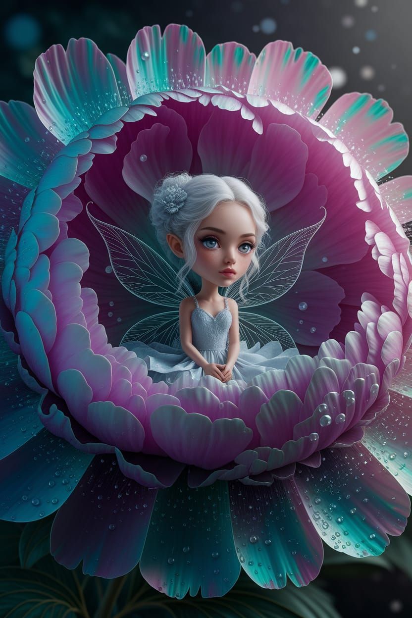 Chibi Fairy in Iridescent Peony Flower Sketch