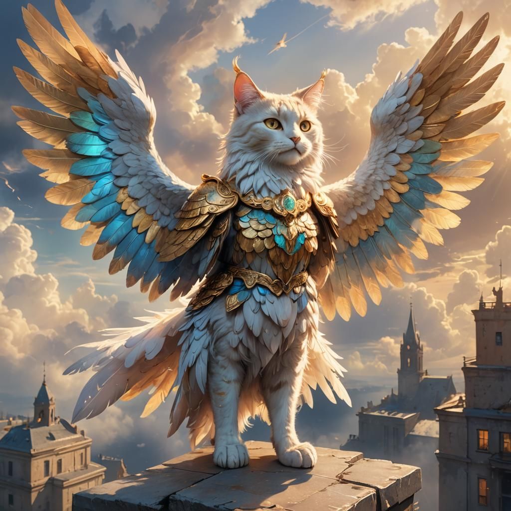 Catfolk Angel with Iridescent Wings, Digital Art