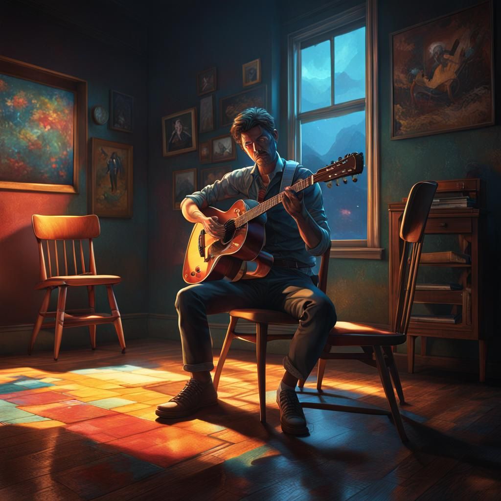 Hyperrealistic Retro Room with Guitar in Soft Light